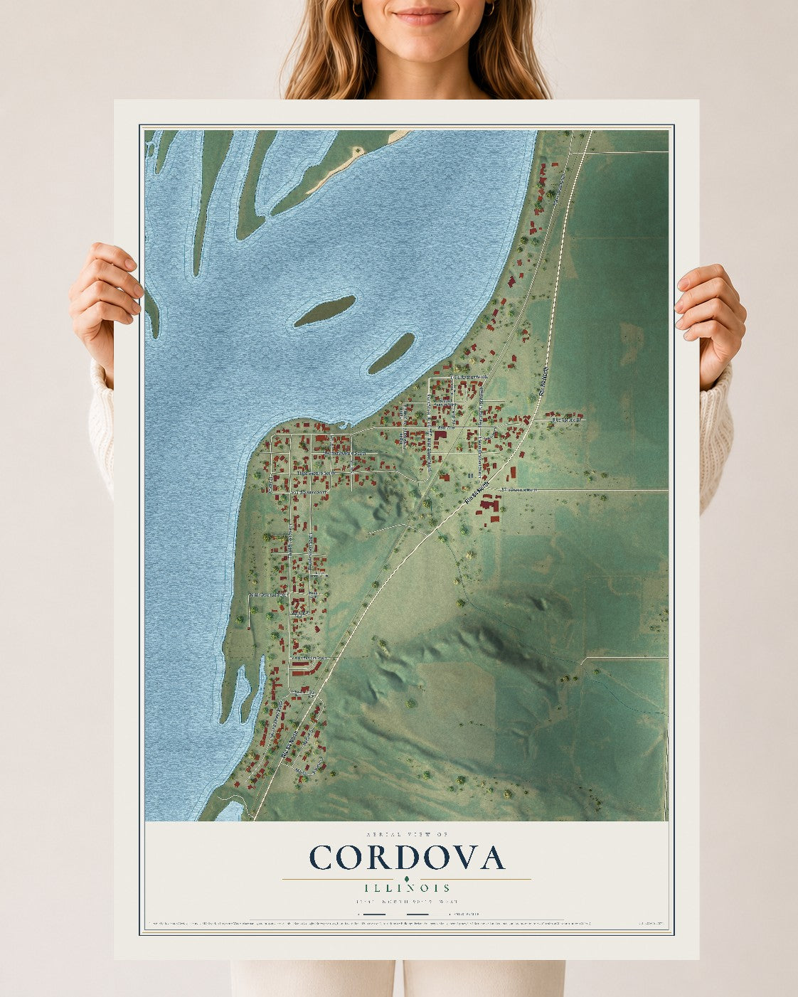 Map of Cordova, Illinois, 24 x 36 inch unframed archival matte print