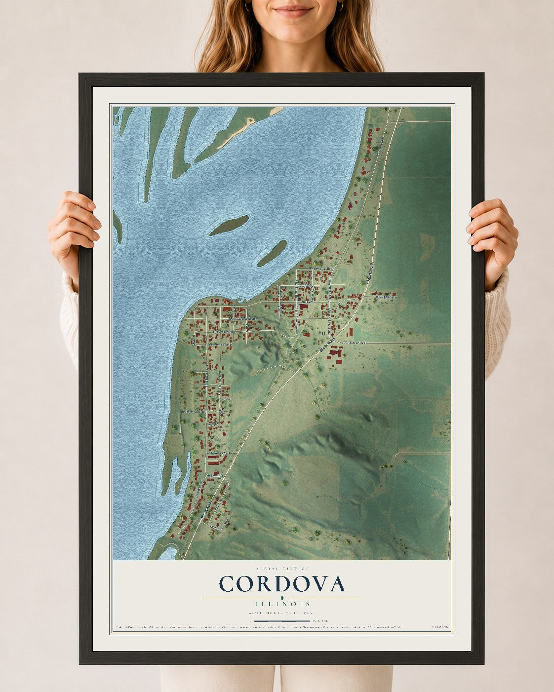 Map of Cordova, Illinois, 24 x 36 inch print in a black wood frame