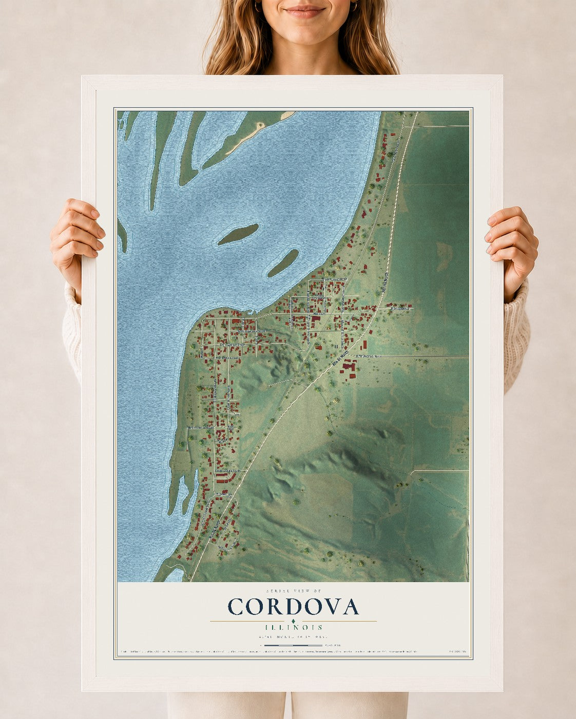 Map of Cordova, Illinois, 24 x 36 inch print in a white wood frame