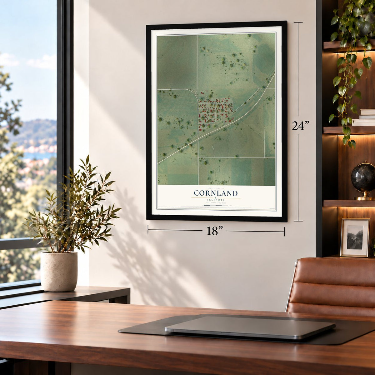 Cornland, Illinois map, 18 x 24 inch print in a black frame in a home office