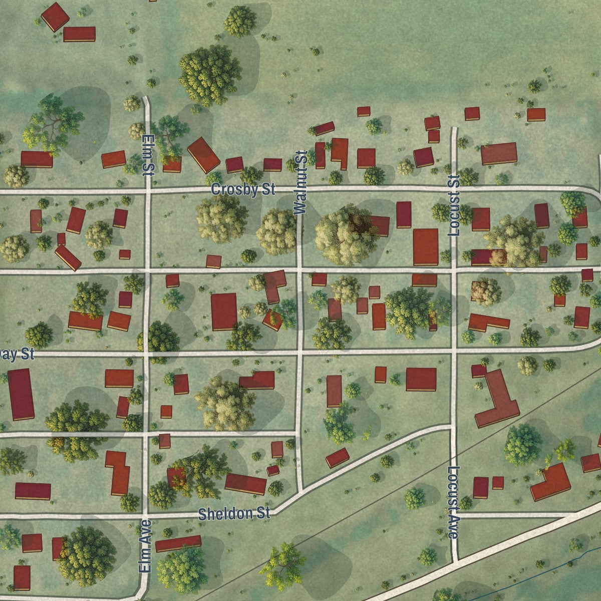 Close-up of the map of Cornland, Illinois print showing street and building detail