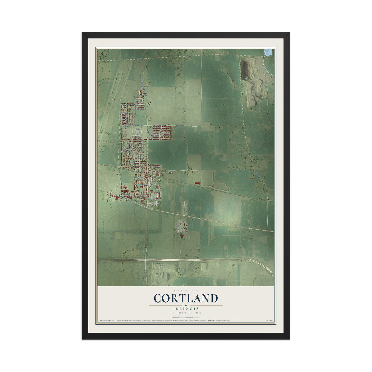 Map of Cortland, Illinois, 12 x 18 inch print in a black wood frame