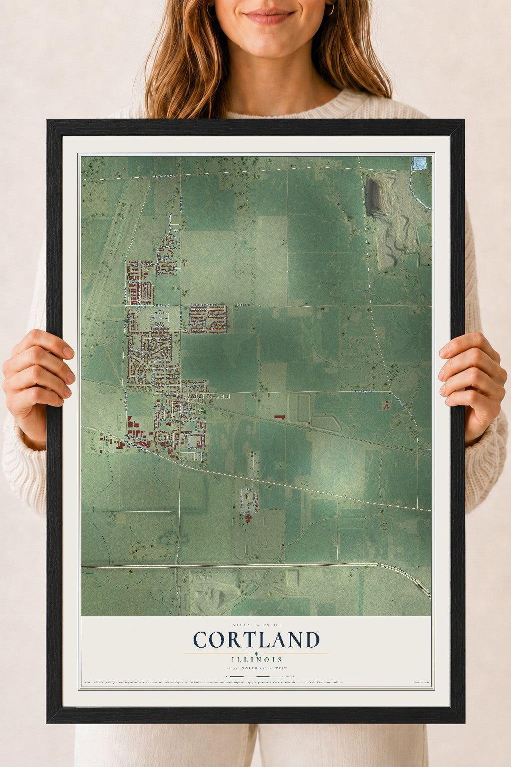 Map of Cortland, Illinois, 18 x 24 inch print in a black wood frame