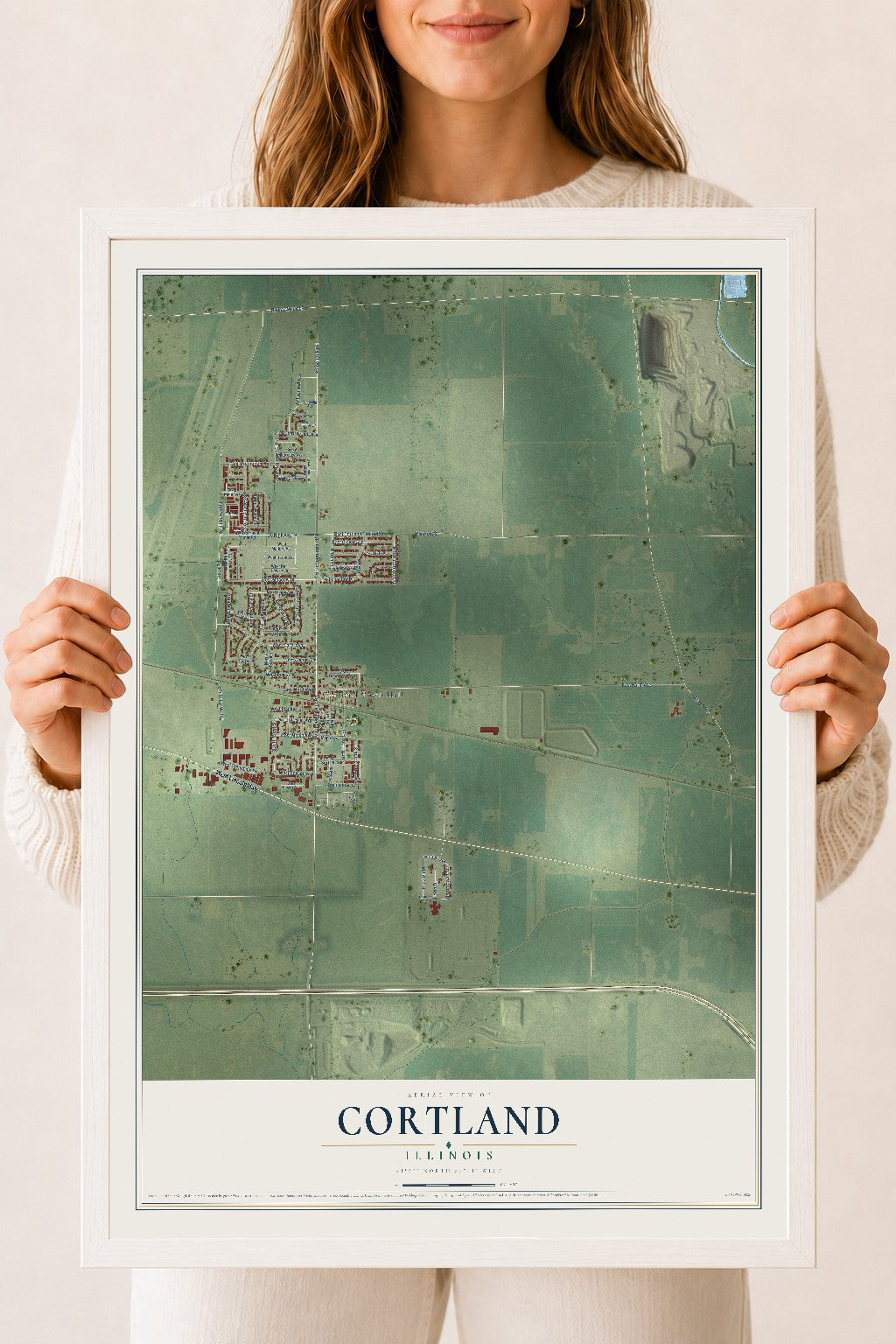 Map of Cortland, Illinois, 18 x 24 inch print in a white wood frame
