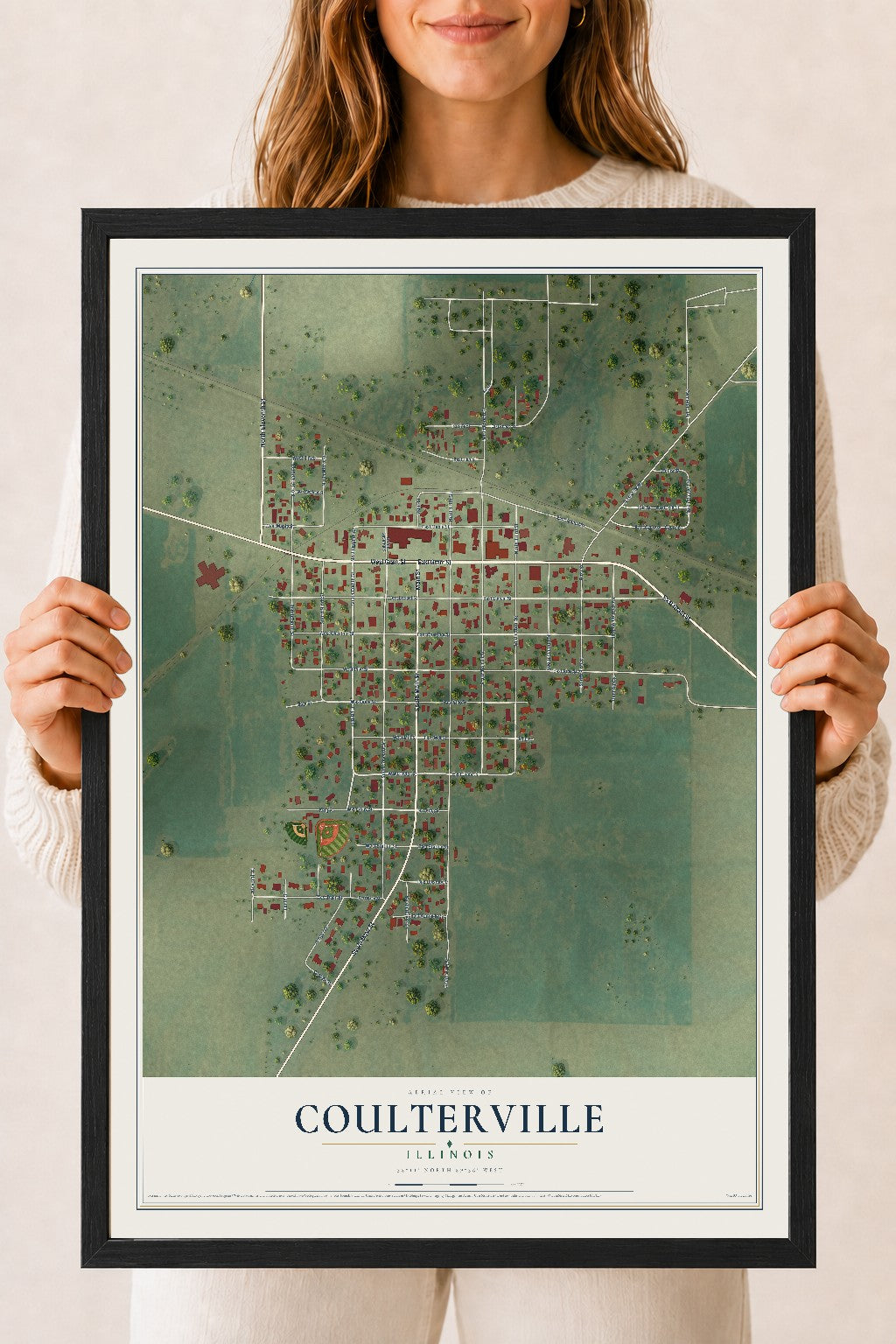 Map of Coulterville, Illinois, 18 x 24 inch print in a black wood frame
