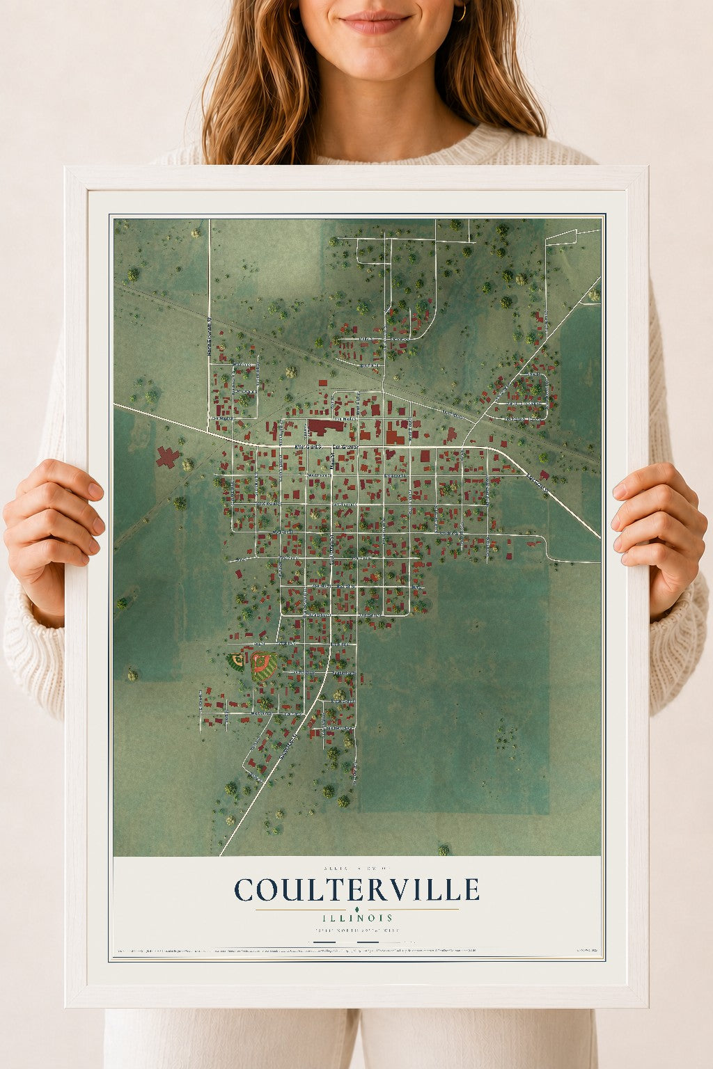 Map of Coulterville, Illinois, 18 x 24 inch print in a white wood frame