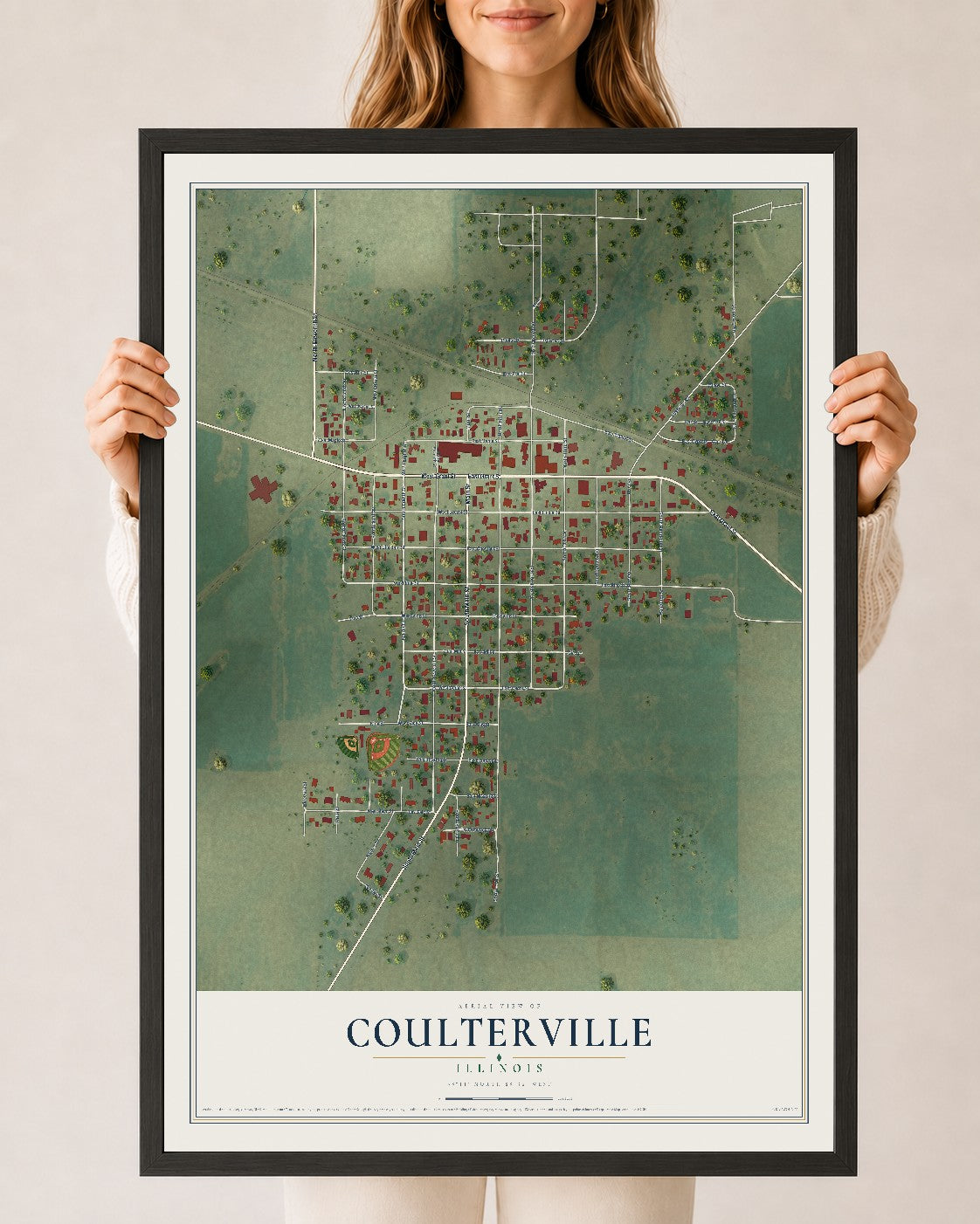Map of Coulterville, Illinois, 24 x 36 inch print in a black wood frame