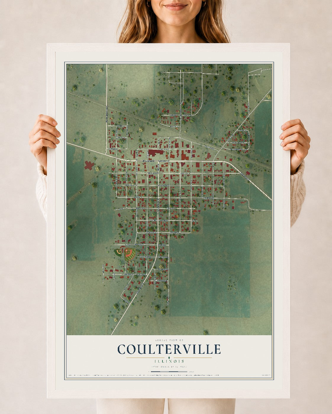 Map of Coulterville, Illinois, 24 x 36 inch print in a white wood frame