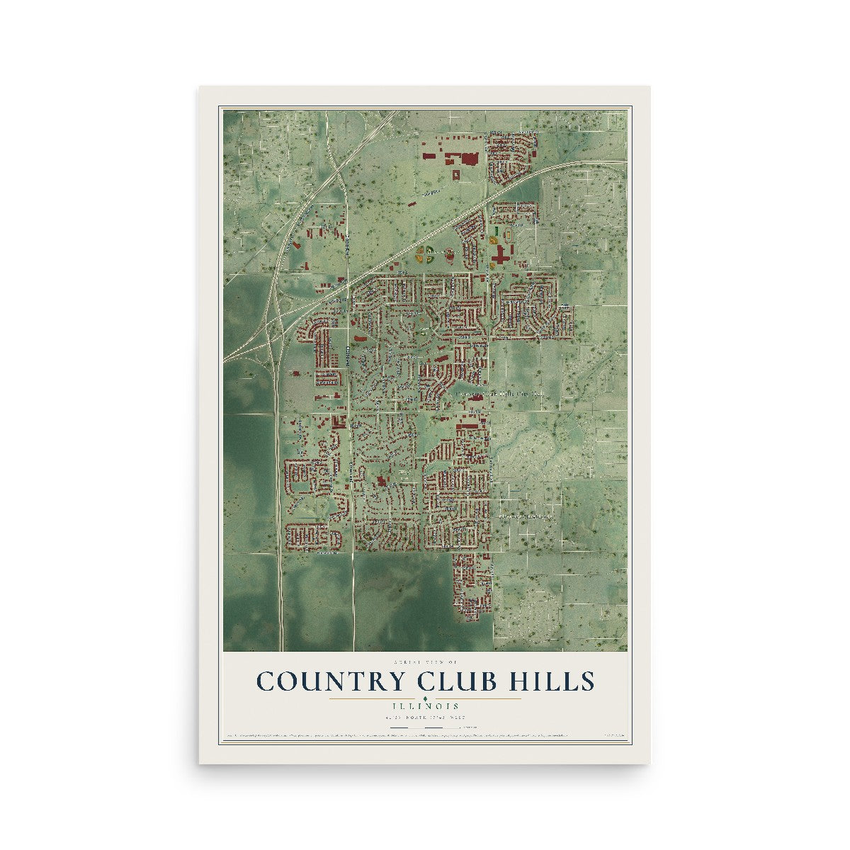 Map of Country Club Hills, Illinois, 12 x 18 inch unframed archival matte print