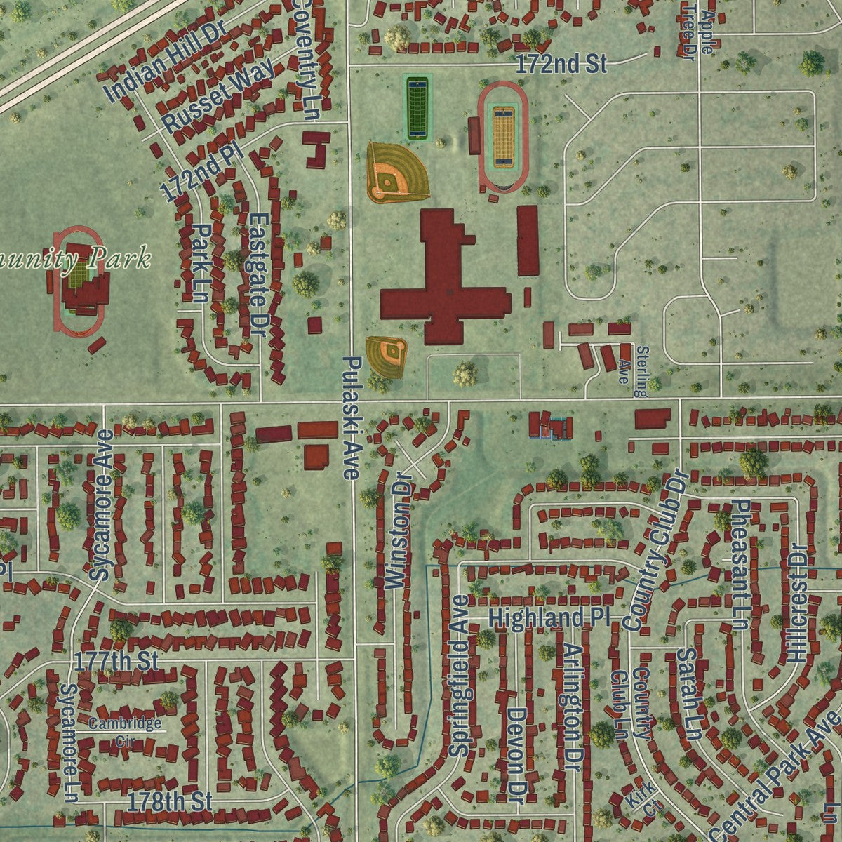 Second close-up of the map of Country Club Hills, Illinois print showing more streets and buildings
