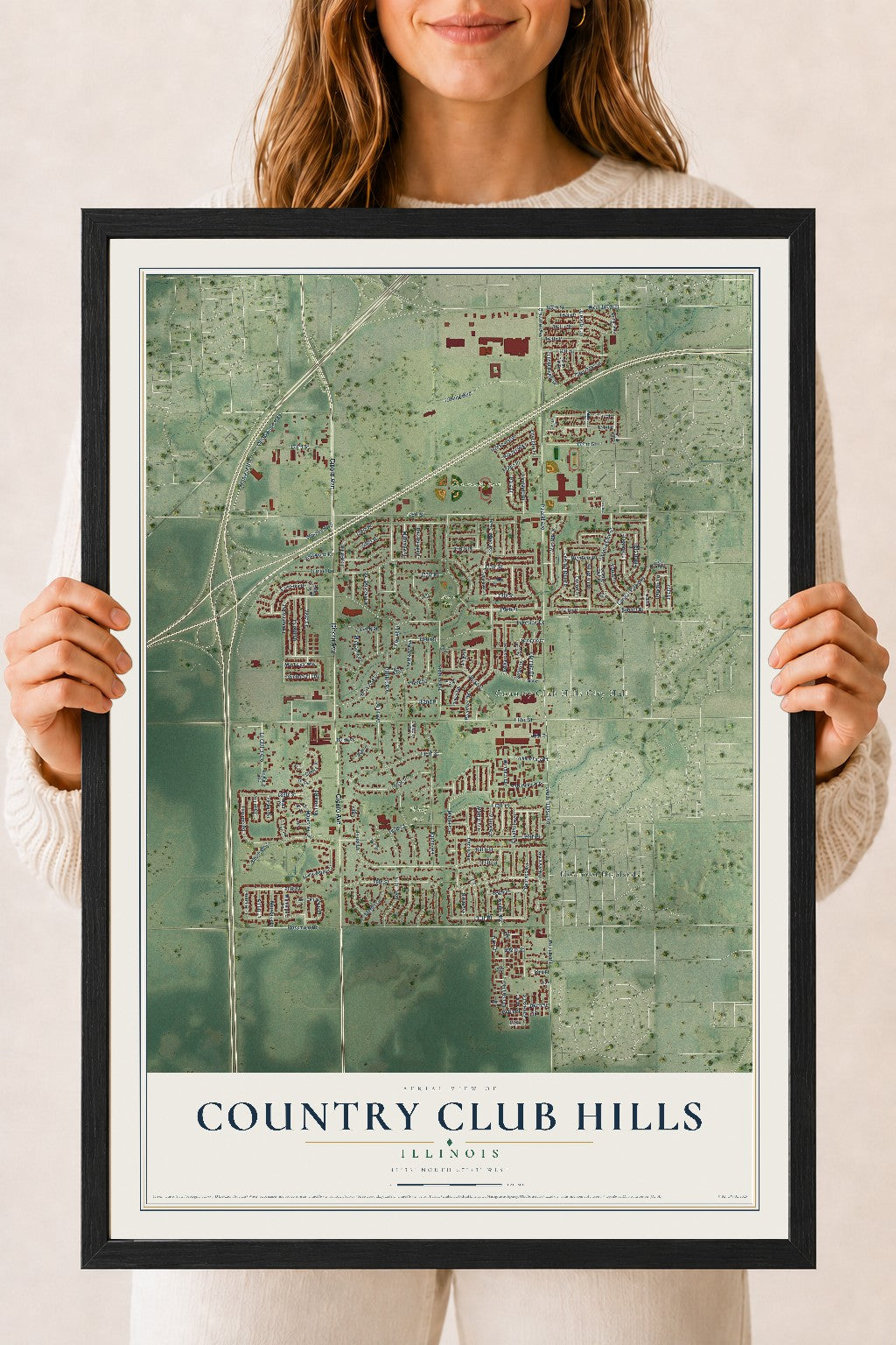 Map of Country Club Hills, Illinois, 18 x 24 inch print in a black wood frame