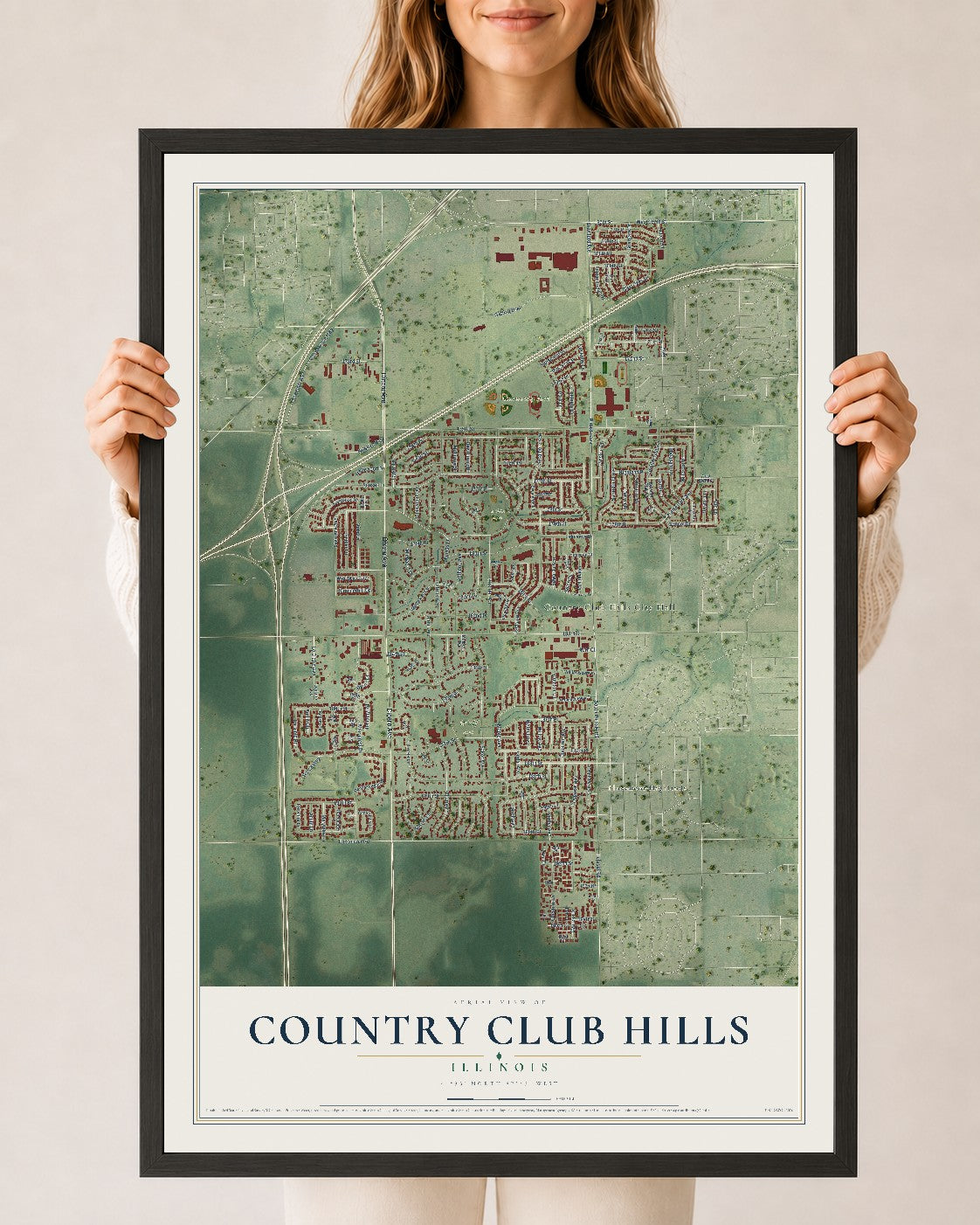 Map of Country Club Hills, Illinois, 24 x 36 inch print in a black wood frame