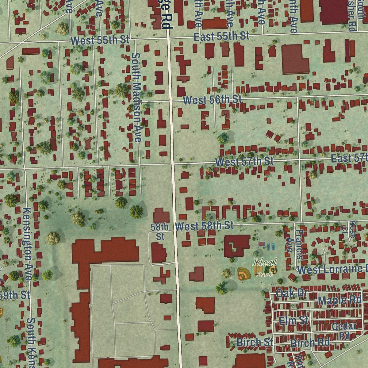 Close-up of the map of Countryside, Illinois print showing street and building detail