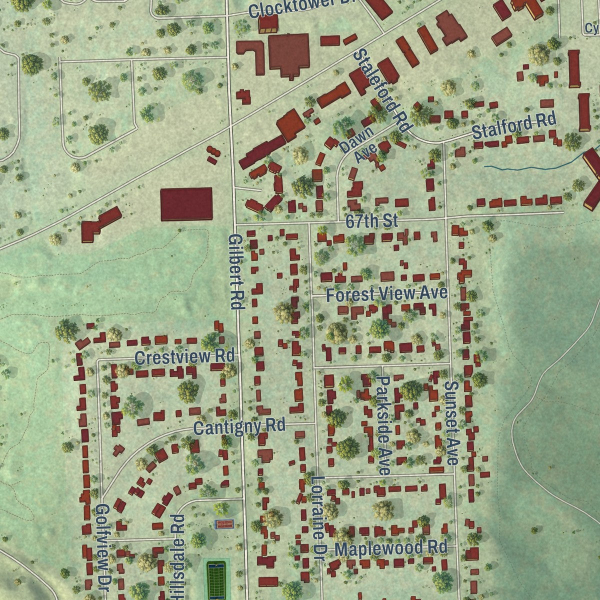Second close-up of the map of Countryside, Illinois print showing more streets and buildings