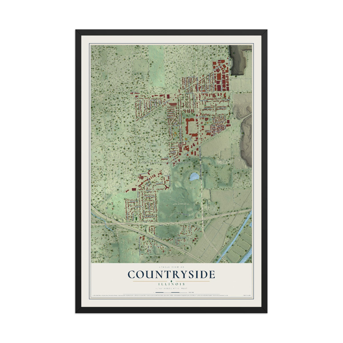 Map of Countryside, Illinois, 12 x 18 inch print in a black wood frame