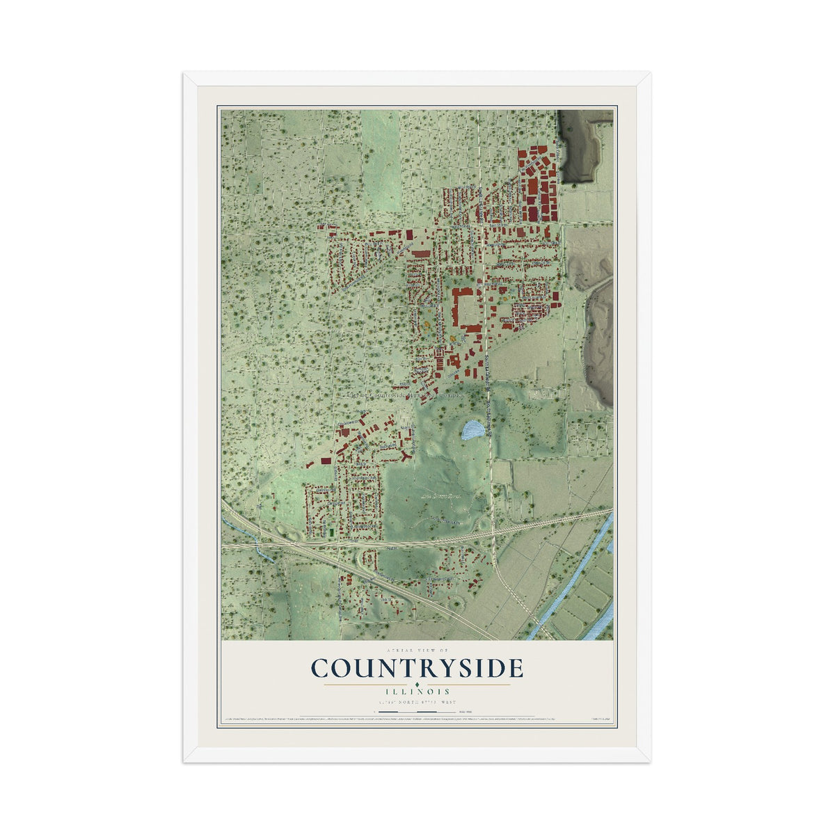 Map of Countryside, Illinois, 12 x 18 inch print in a white wood frame