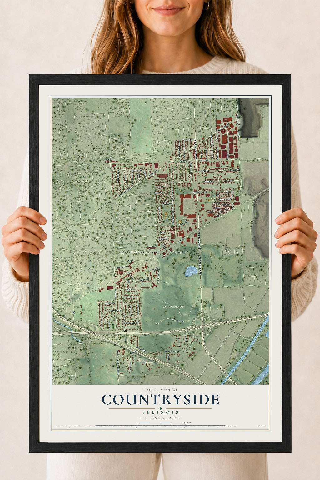 Map of Countryside, Illinois, 18 x 24 inch print in a black wood frame