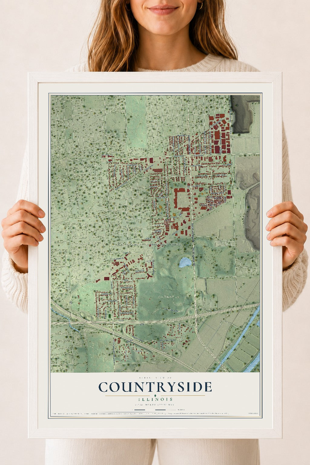 Map of Countryside, Illinois, 18 x 24 inch print in a white wood frame