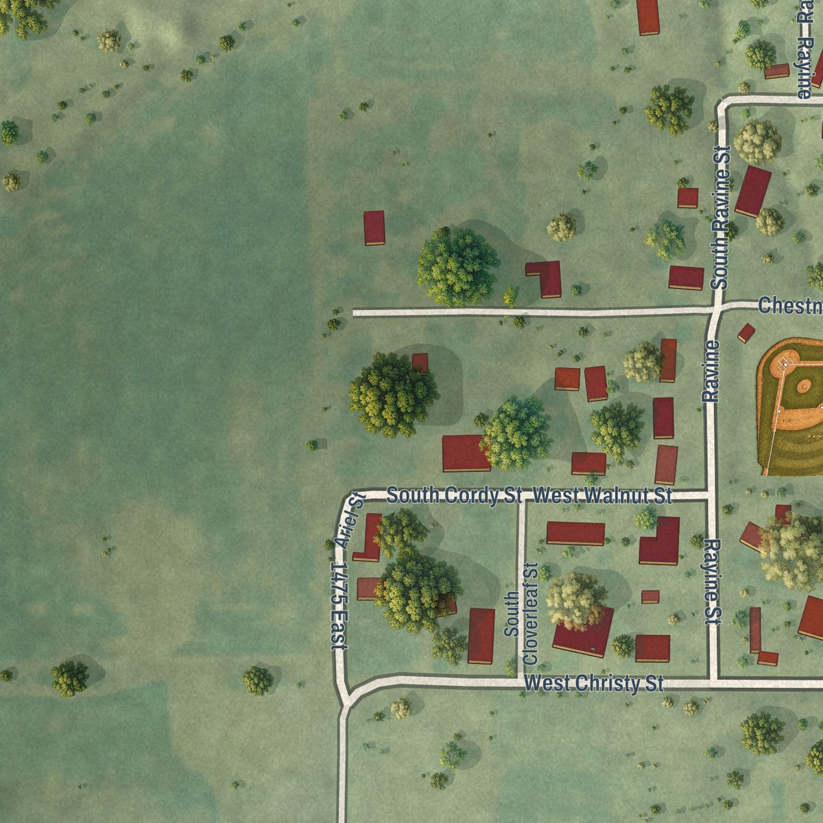 Second close-up of the map of Cowden, Illinois print showing more streets and buildings