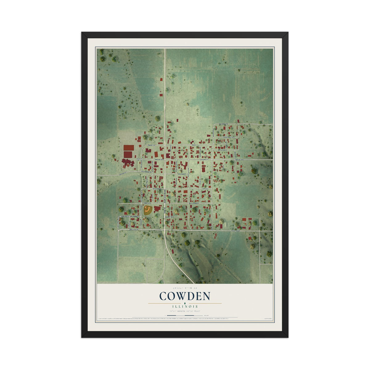 Map of Cowden, Illinois, 12 x 18 inch print in a black wood frame