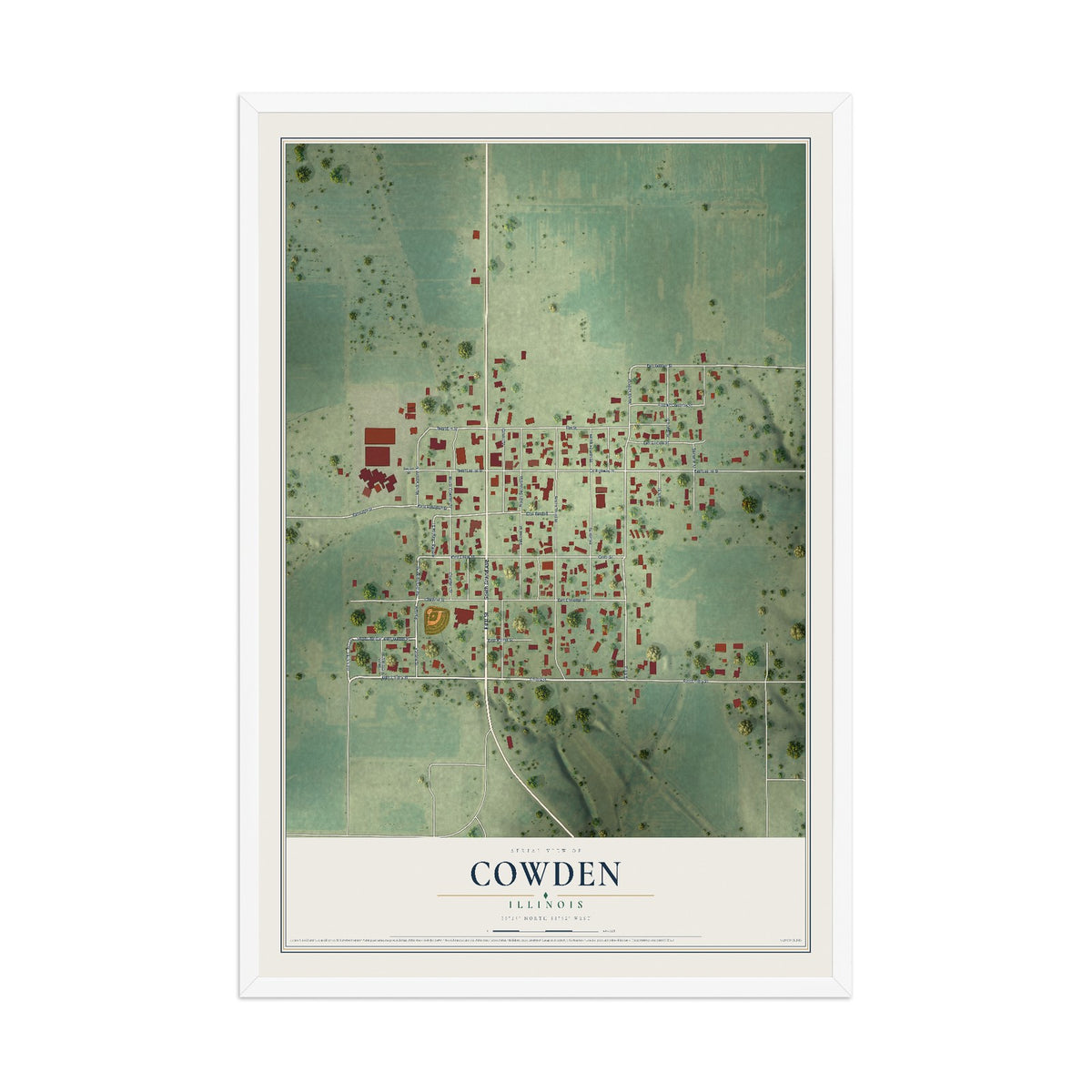 Map of Cowden, Illinois, 12 x 18 inch print in a white wood frame