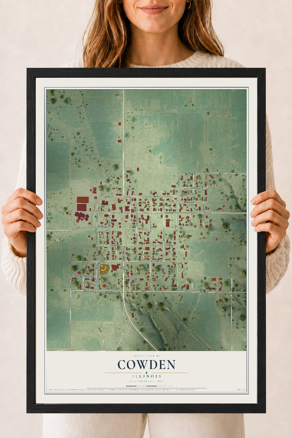 Map of Cowden, Illinois, 18 x 24 inch print in a black wood frame