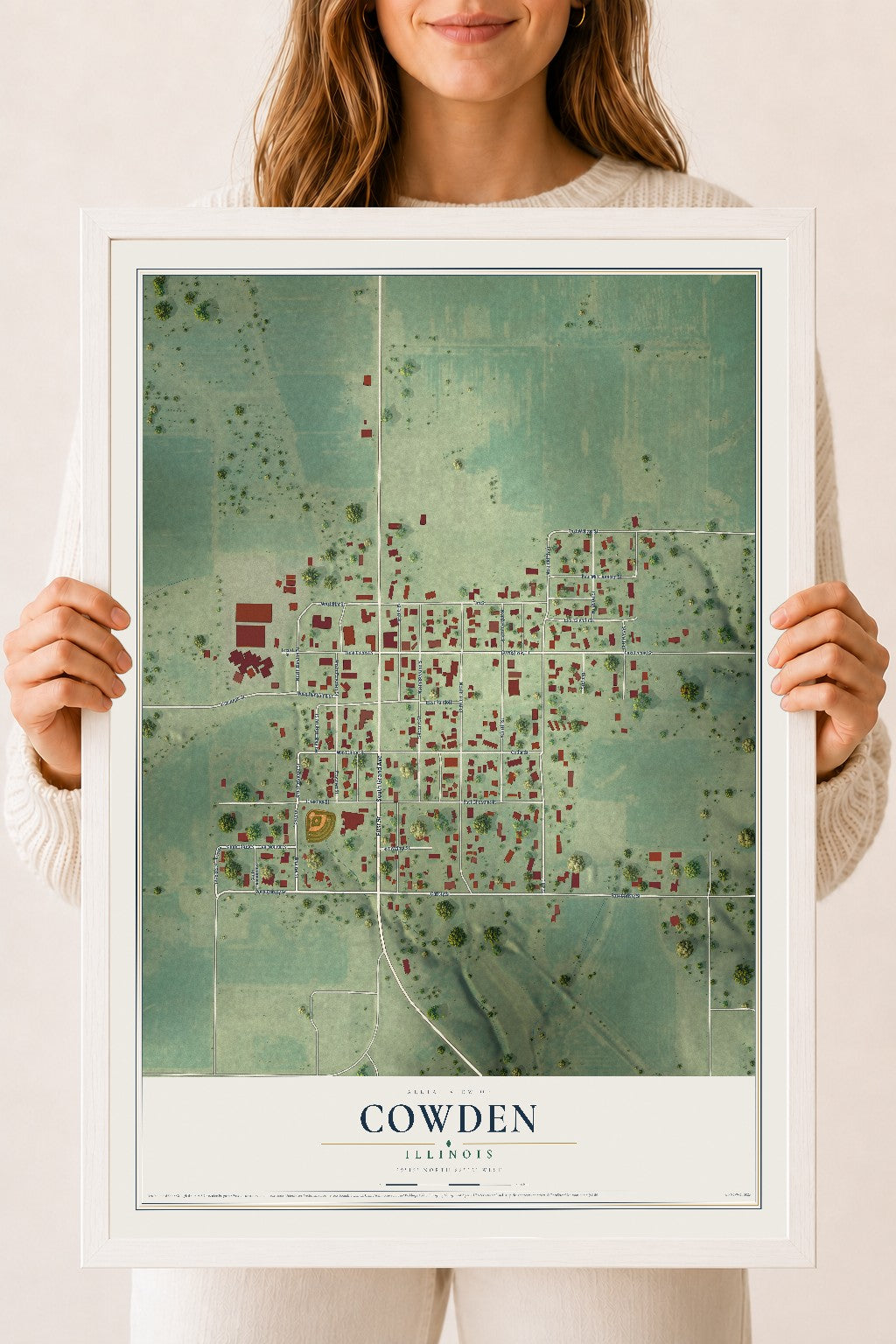 Map of Cowden, Illinois, 18 x 24 inch print in a white wood frame