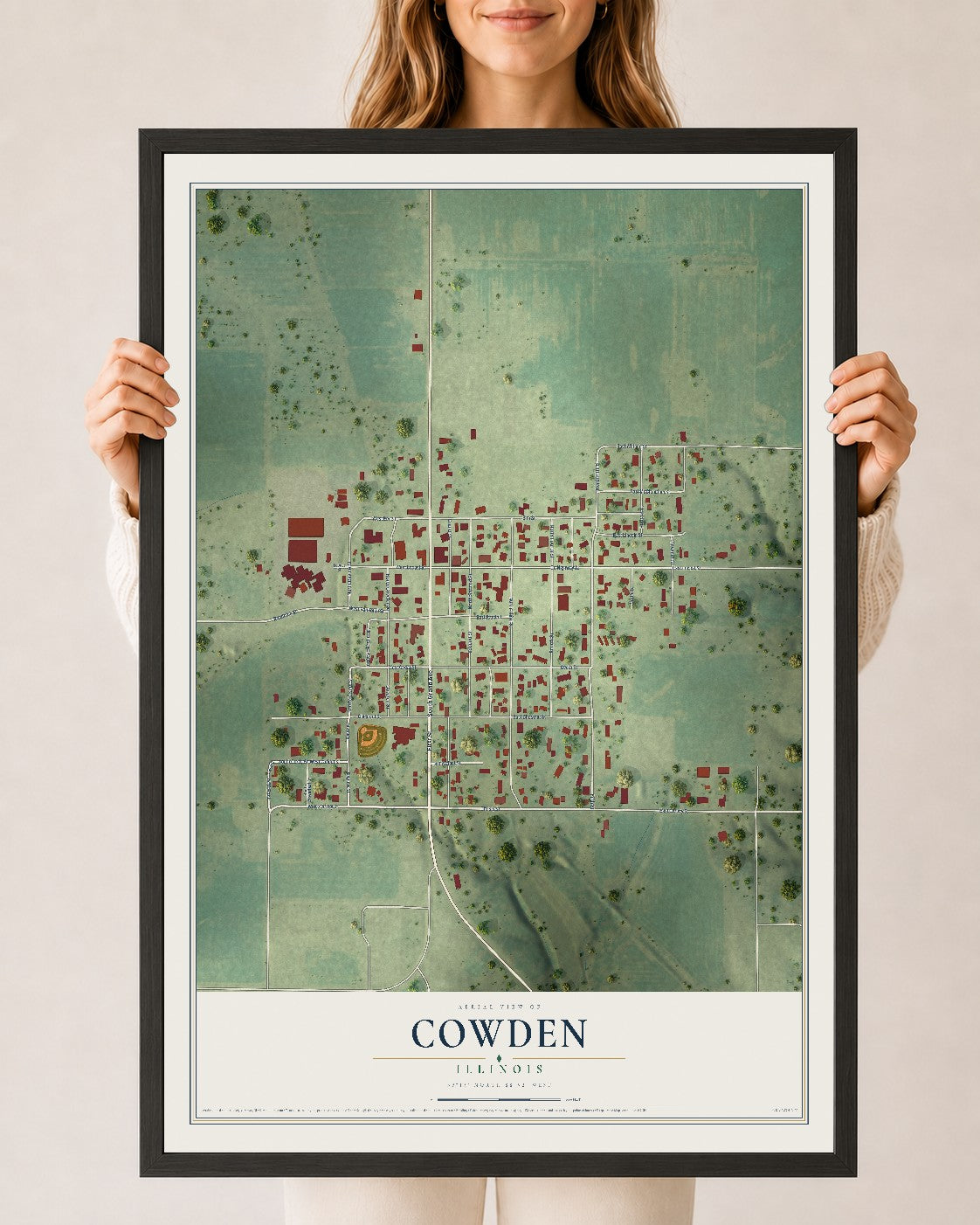 Map of Cowden, Illinois, 24 x 36 inch print in a black wood frame