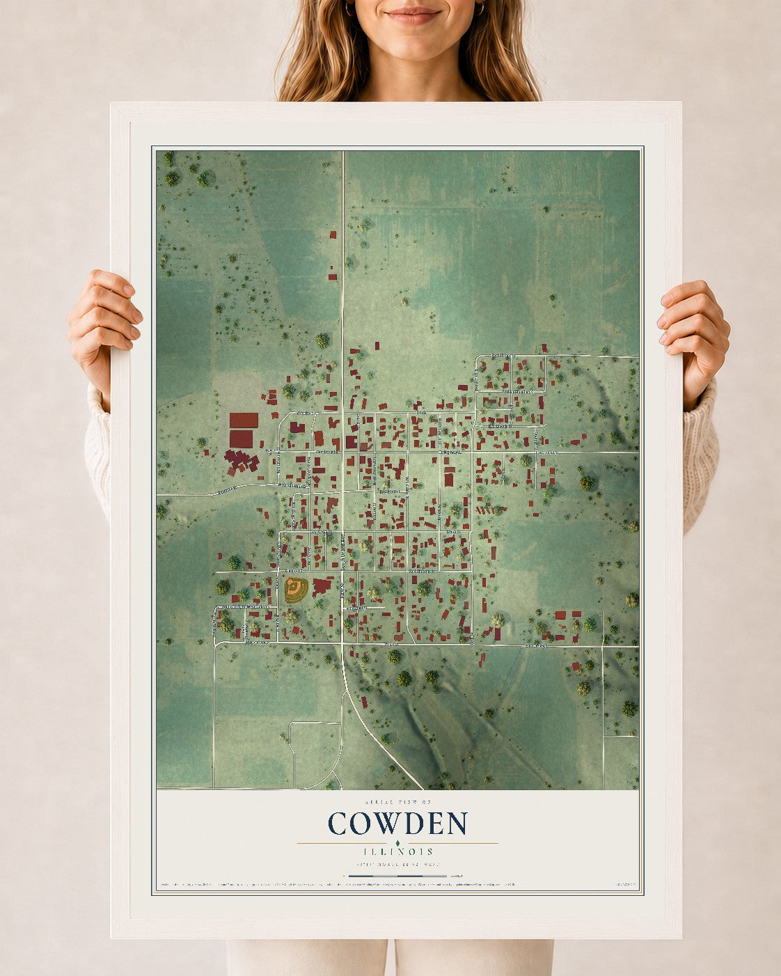Map of Cowden, Illinois, 24 x 36 inch print in a white wood frame