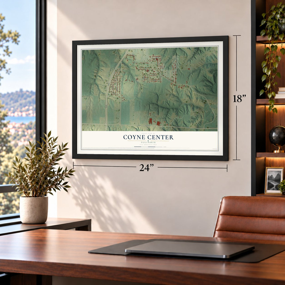 Coyne Center, Illinois map, 18 x 24 inch print in a black frame in a home office
