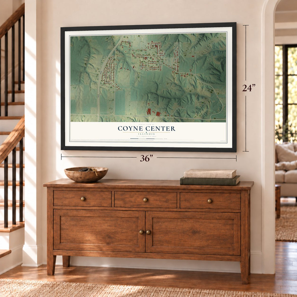 Coyne Center, Illinois map, 24 x 36 inch print in a black frame above a dresser by a staircase