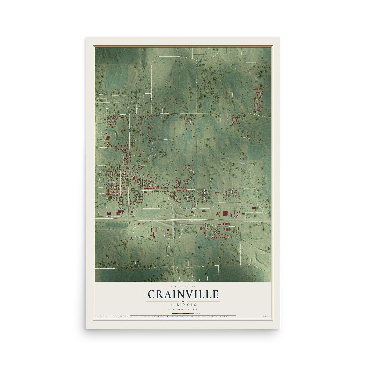 Map of Crainville, Illinois, 12 x 18 inch unframed archival matte print