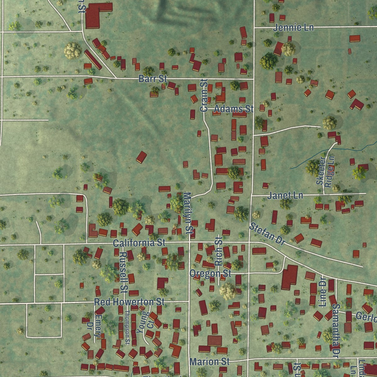 Close-up of the map of Crainville, Illinois print showing street and building detail