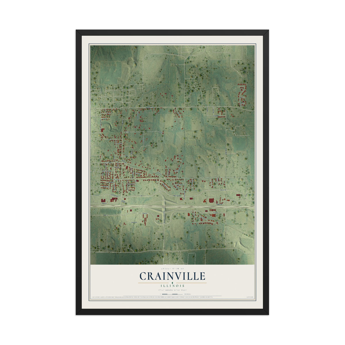 Map of Crainville, Illinois, 12 x 18 inch print in a black wood frame