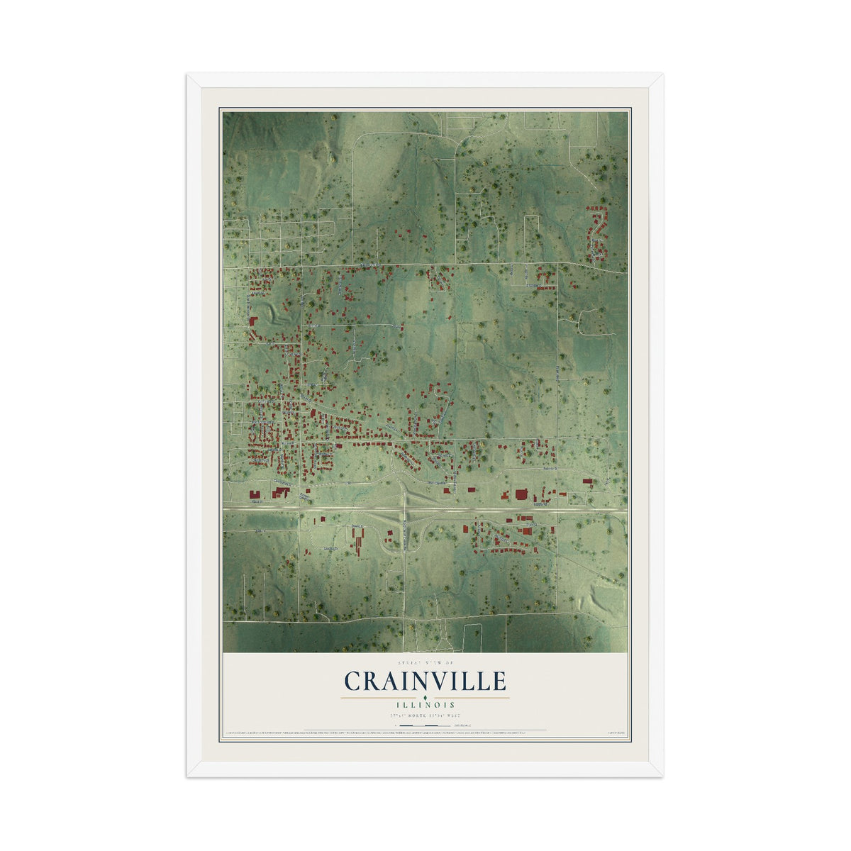 Map of Crainville, Illinois, 12 x 18 inch print in a white wood frame