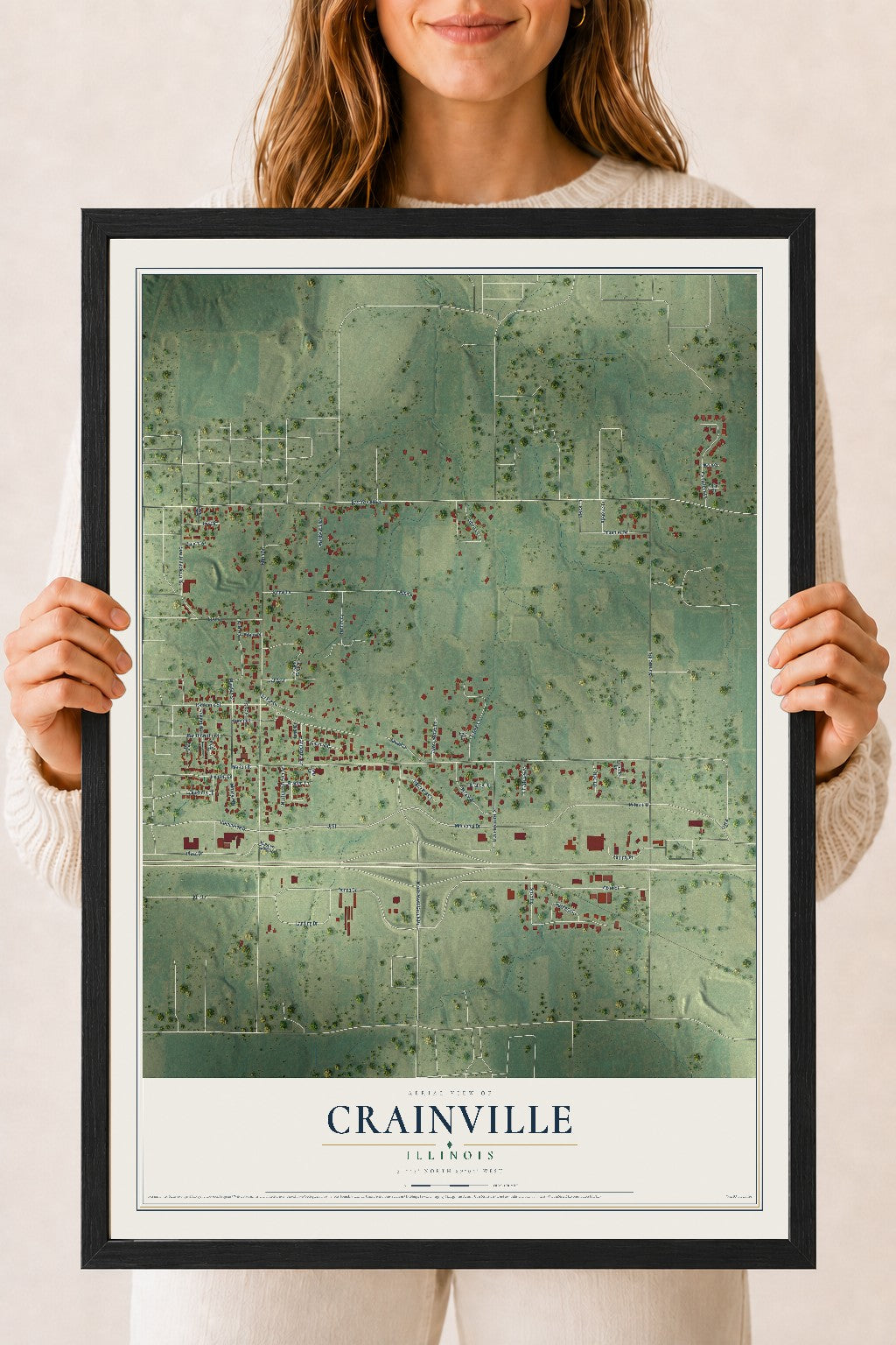 Map of Crainville, Illinois, 18 x 24 inch print in a black wood frame