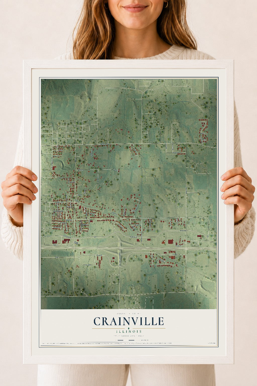 Map of Crainville, Illinois, 18 x 24 inch print in a white wood frame