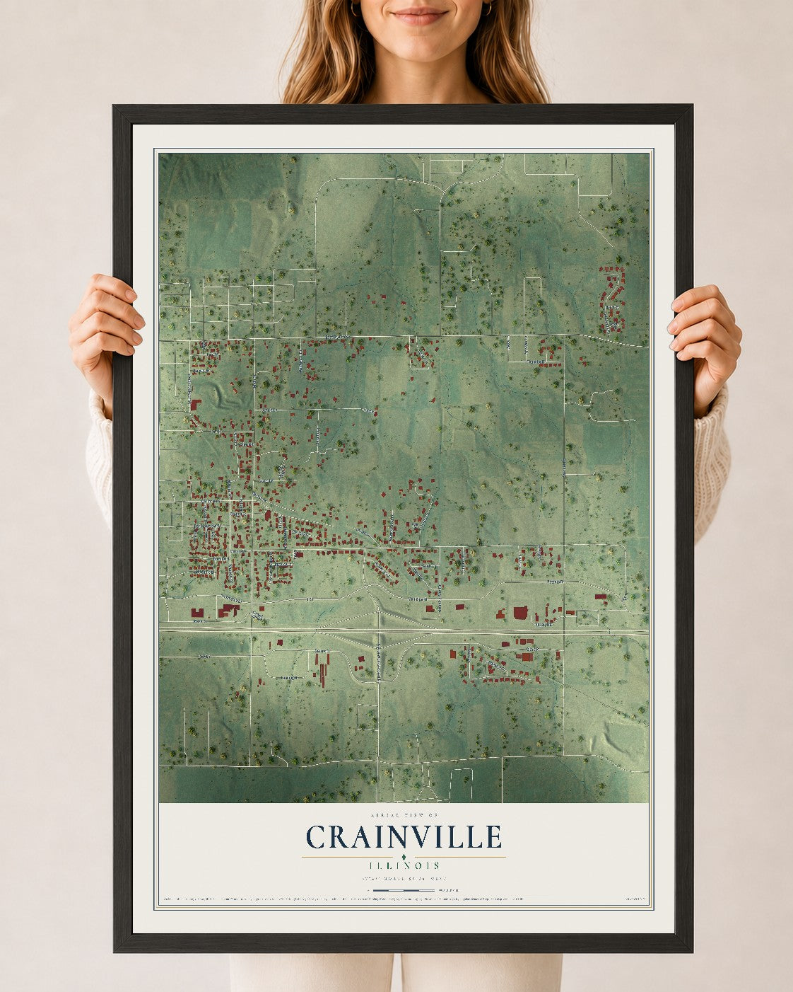 Map of Crainville, Illinois, 24 x 36 inch print in a black wood frame
