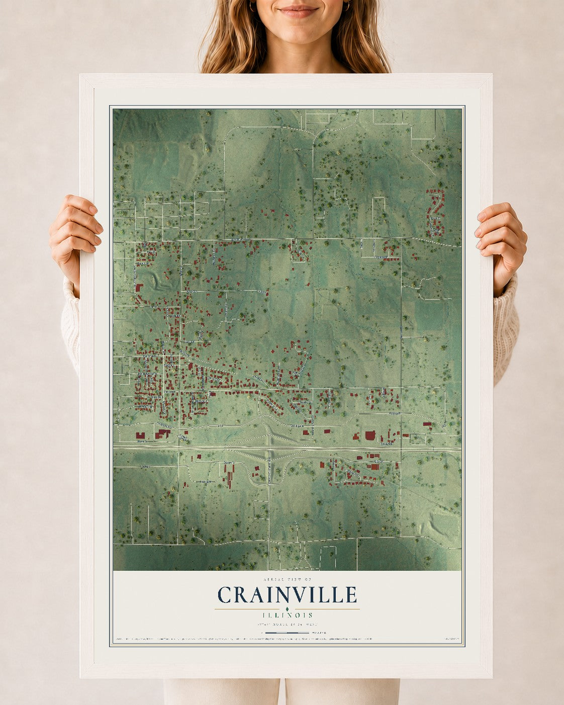 Map of Crainville, Illinois, 24 x 36 inch print in a white wood frame
