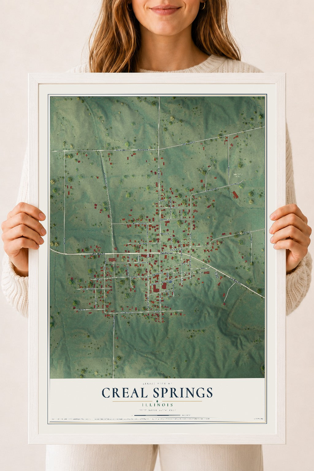 Map of Creal Springs, Illinois, 18 x 24 inch print in a white wood frame