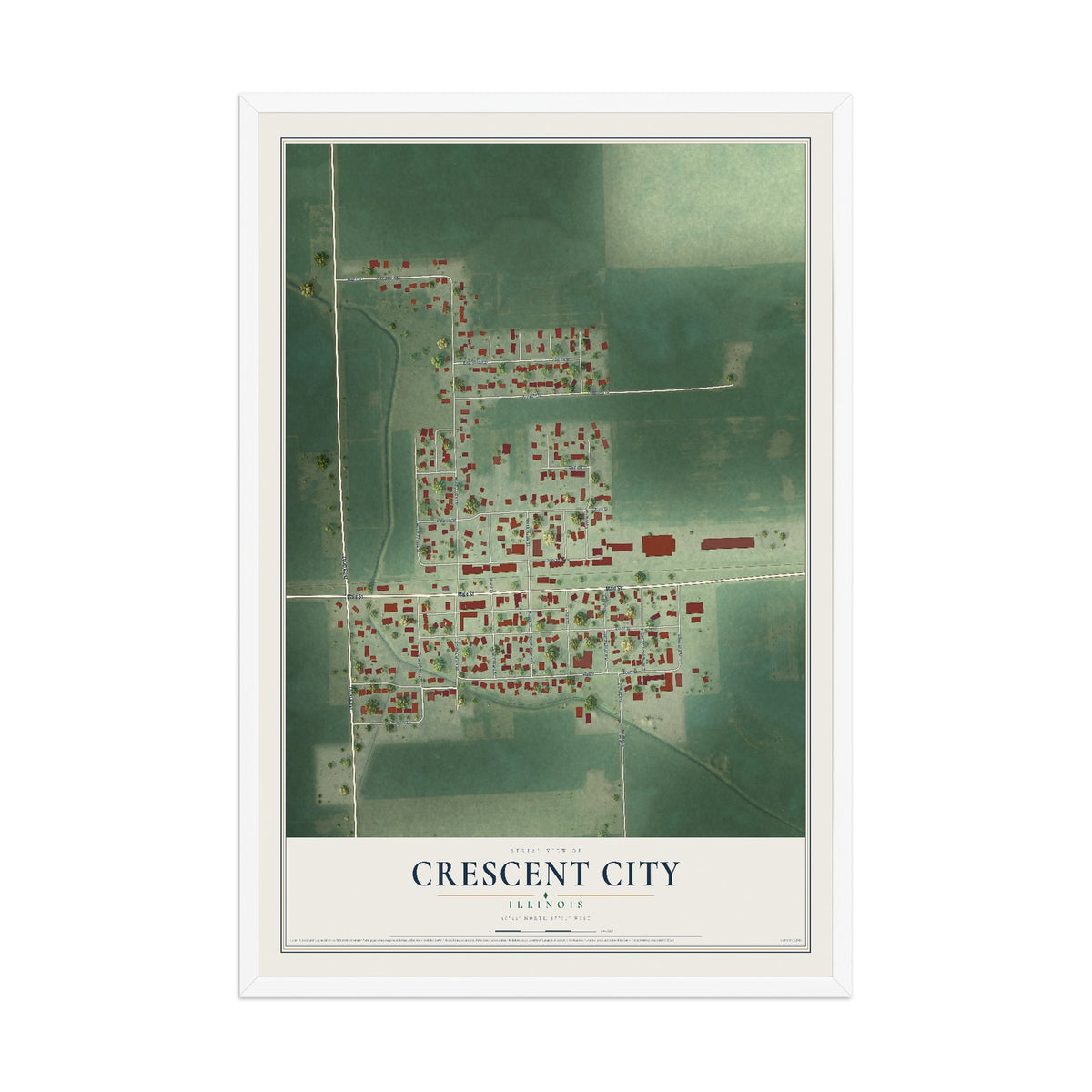 Map of Crescent City, Illinois, 12 x 18 inch print in a white wood frame