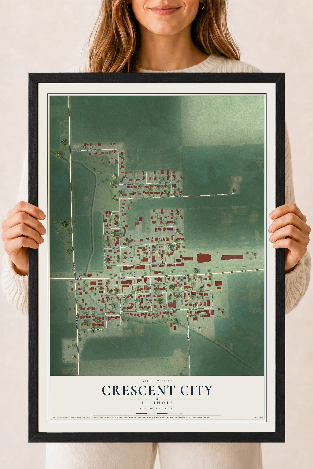 Map of Crescent City, Illinois, 18 x 24 inch print in a black wood frame