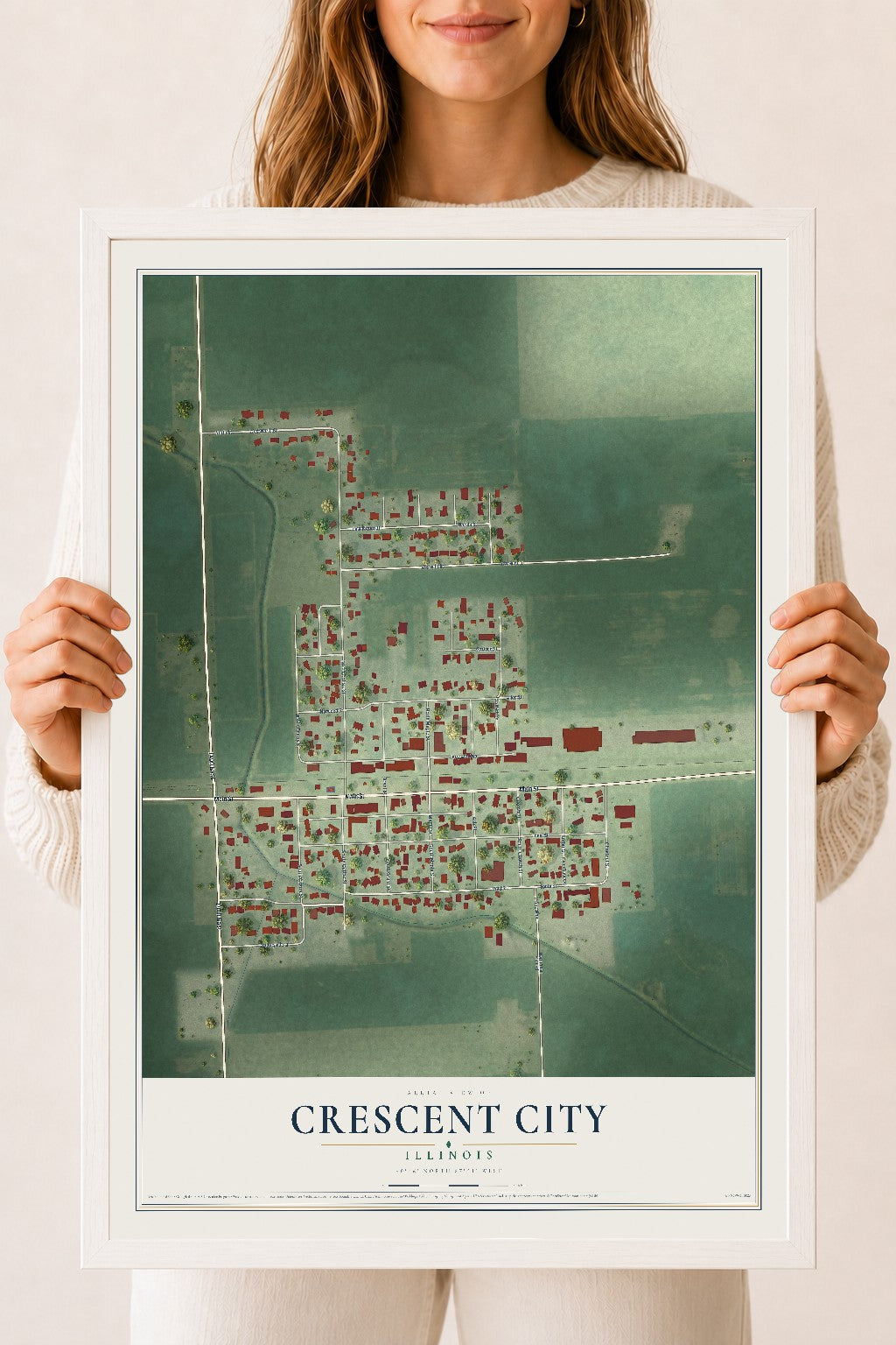 Map of Crescent City, Illinois, 18 x 24 inch print in a white wood frame