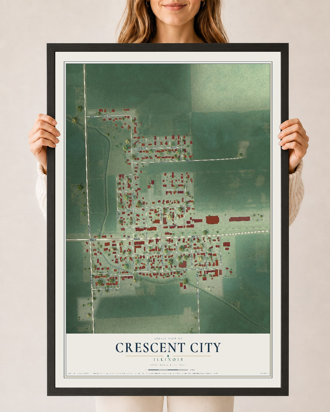 Map of Crescent City, Illinois, 24 x 36 inch print in a black wood frame