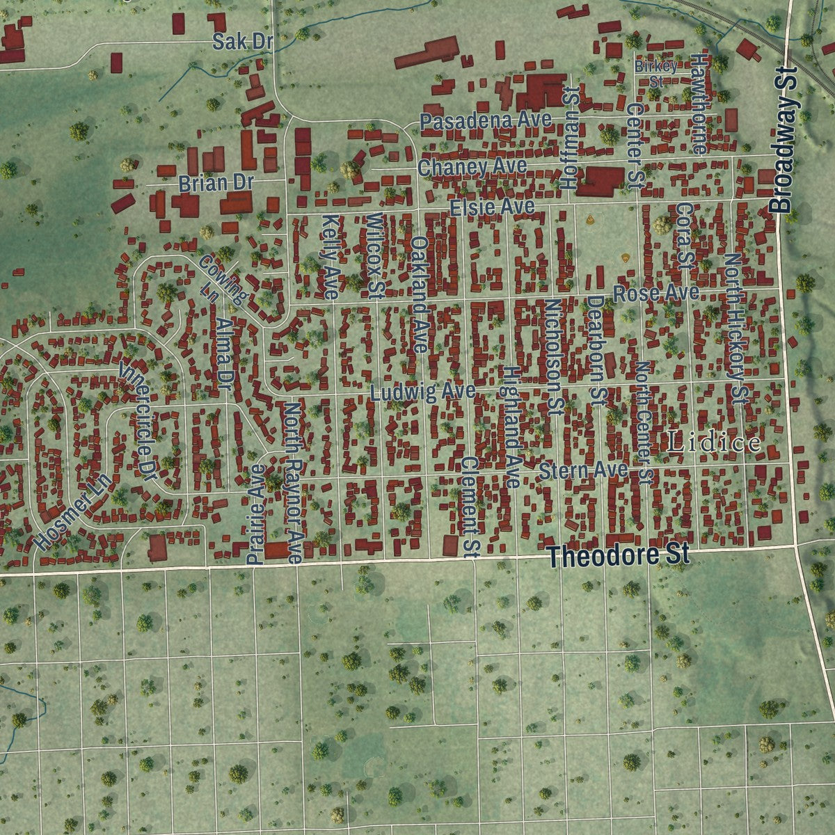 Close-up of the map of Crest Hill, Illinois print showing street and building detail