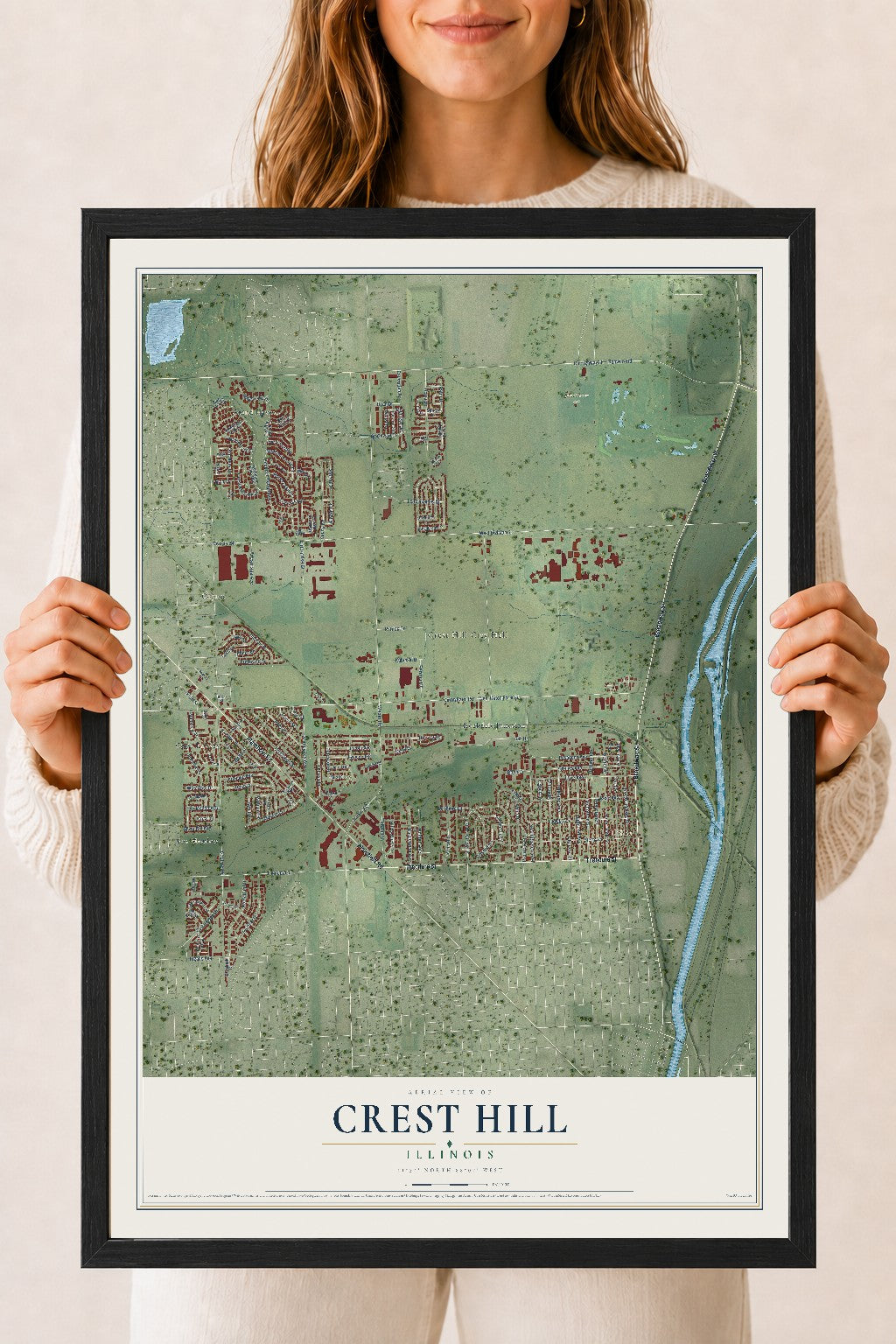 Map of Crest Hill, Illinois, 18 x 24 inch print in a black wood frame