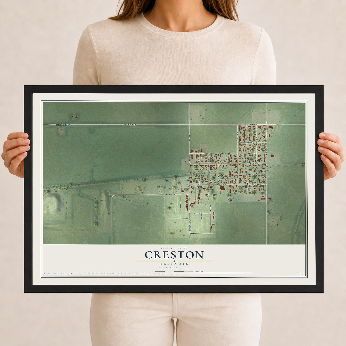 Map of Creston, Illinois, 12 x 18 inch print in a black wood frame
