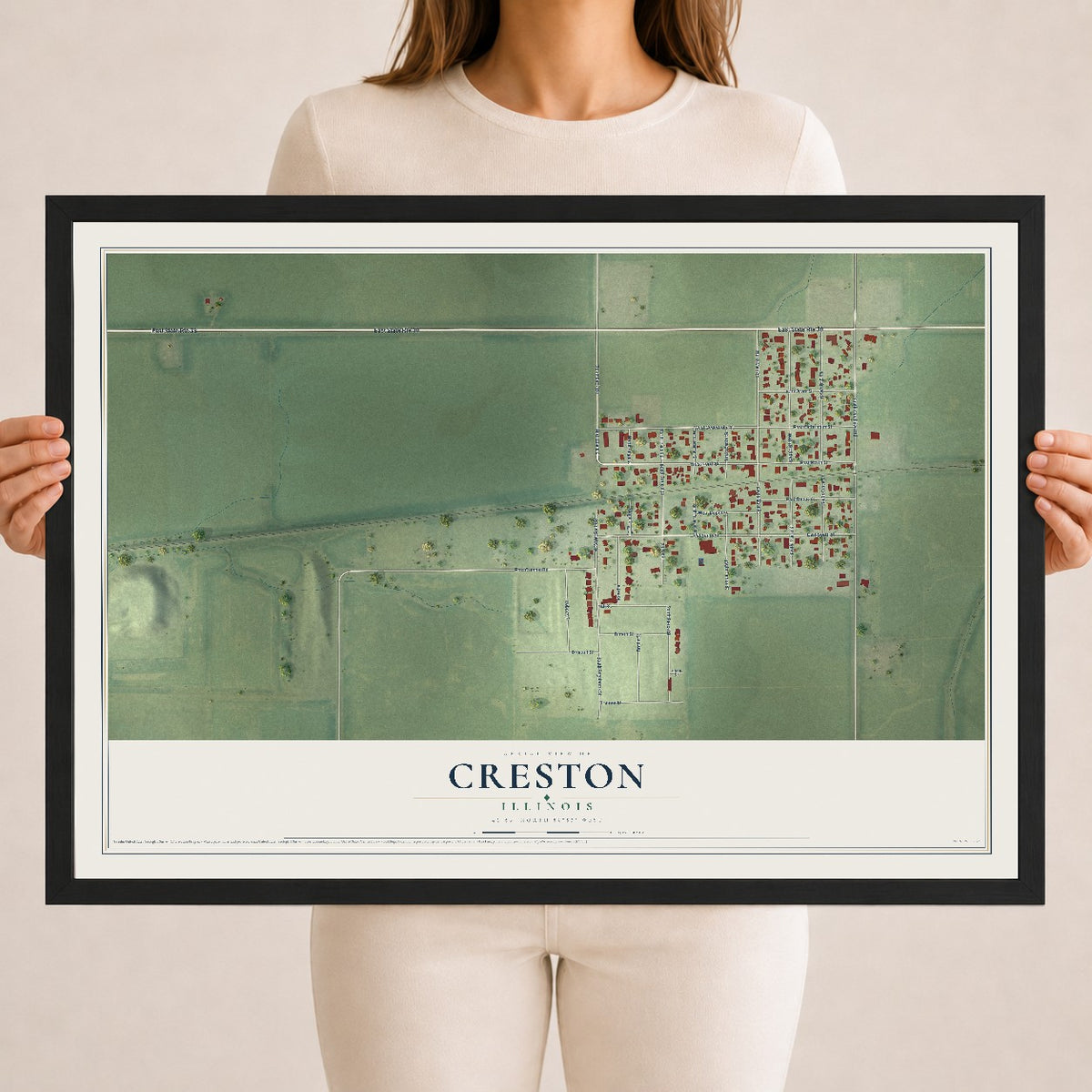 Map of Creston, Illinois, 18 x 24 inch print in a black wood frame