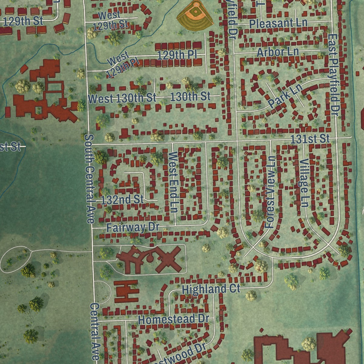 Second close-up of the map of Crestwood, Illinois print showing more streets and buildings