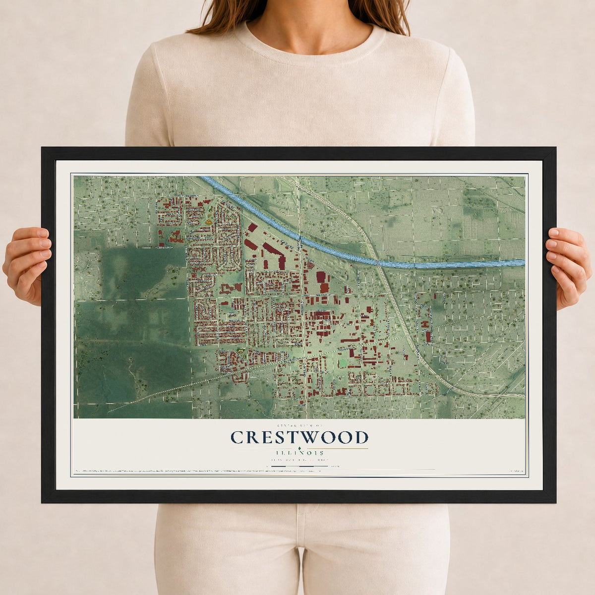 Map of Crestwood, Illinois, 12 x 18 inch print in a black wood frame